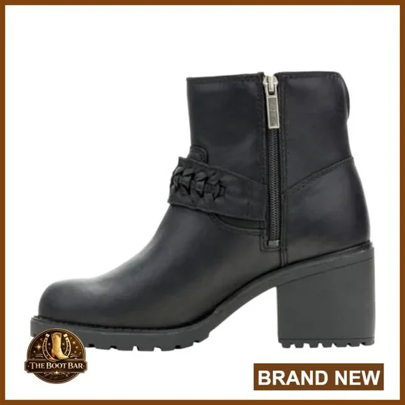 Full Grain Leather Motorcycle Boots, 7 Shaft, 3 Block Heel, Pull-On